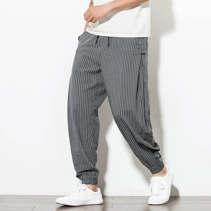 Aoleaky Harem Pants Men Korean Style Casual Loose Cotton Linen Striped Men Sweatpants Jogger Pants Streetwear Trousers