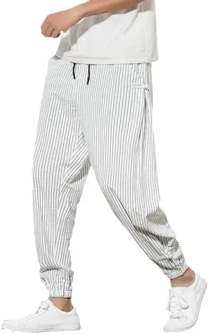 Aoleaky Harem Pants Men Korean Style Casual Loose Cotton Linen Striped Men Sweatpants Jogger Pants Streetwear Trousers