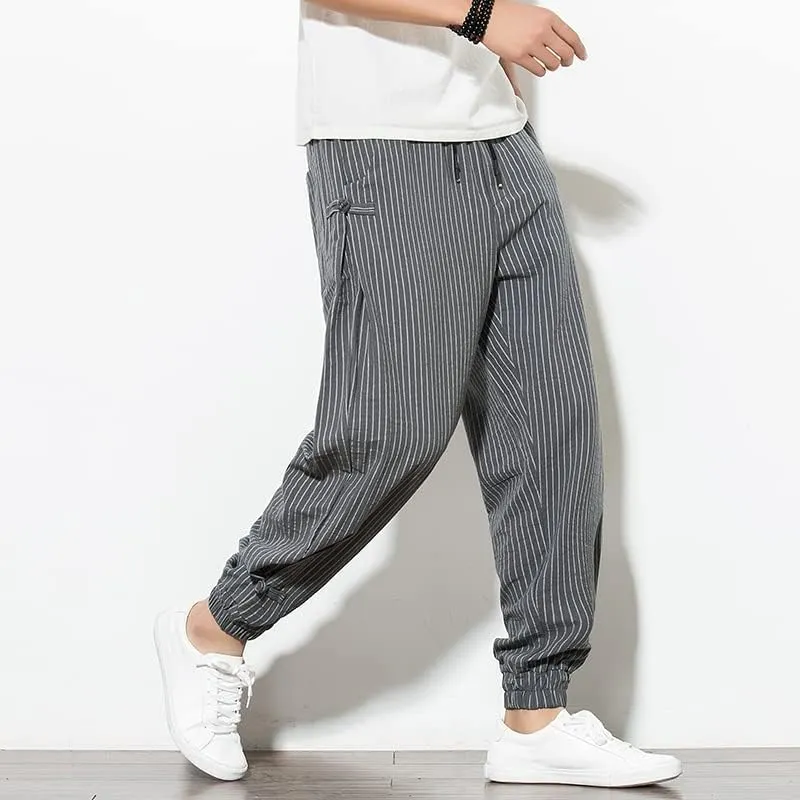 Aoleaky Harem Pants Men Korean Style Casual Loose Cotton Linen Striped Men Sweatpants Jogger Pants Streetwear Trousers