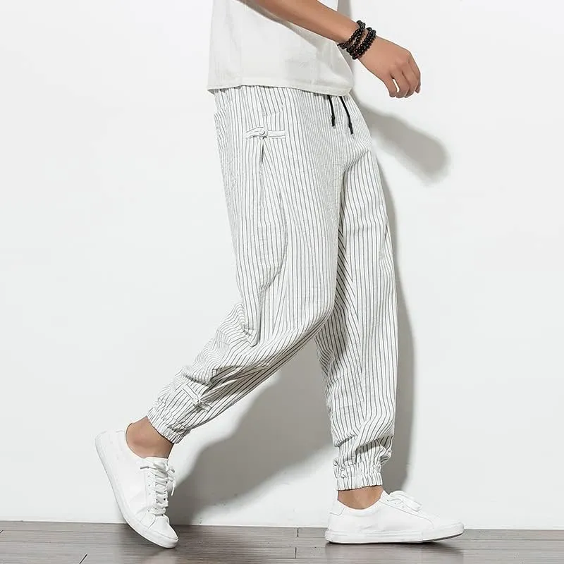 Aoleaky Harem Pants Men Korean Style Casual Loose Cotton Linen Striped Men Sweatpants Jogger Pants Streetwear Trousers