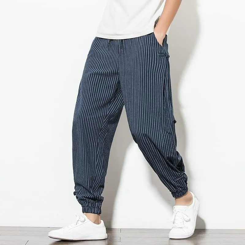 Aoleaky Harem Pants Men Korean Style Casual Loose Cotton Linen Striped Men Sweatpants Jogger Pants Streetwear Trousers