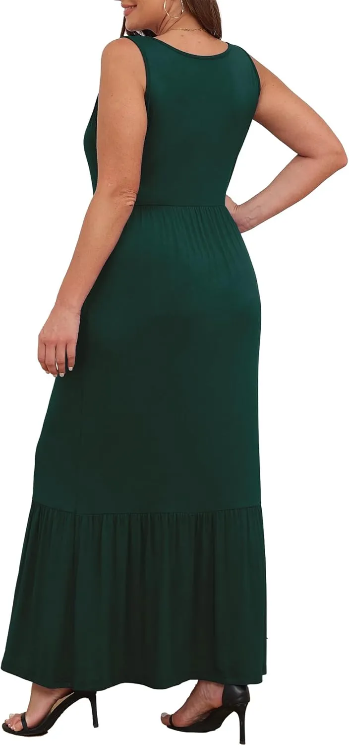 Askyes Womens Plus Size Summer Dresses Casual Sleeveless Loose Fit Swing Beach V Neck Tiered Maxi Dress with Pockets