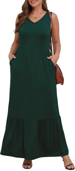 Askyes Womens Plus Size Summer Dresses Casual Sleeveless Loose Fit Swing Beach V Neck Tiered Maxi Dress with Pockets