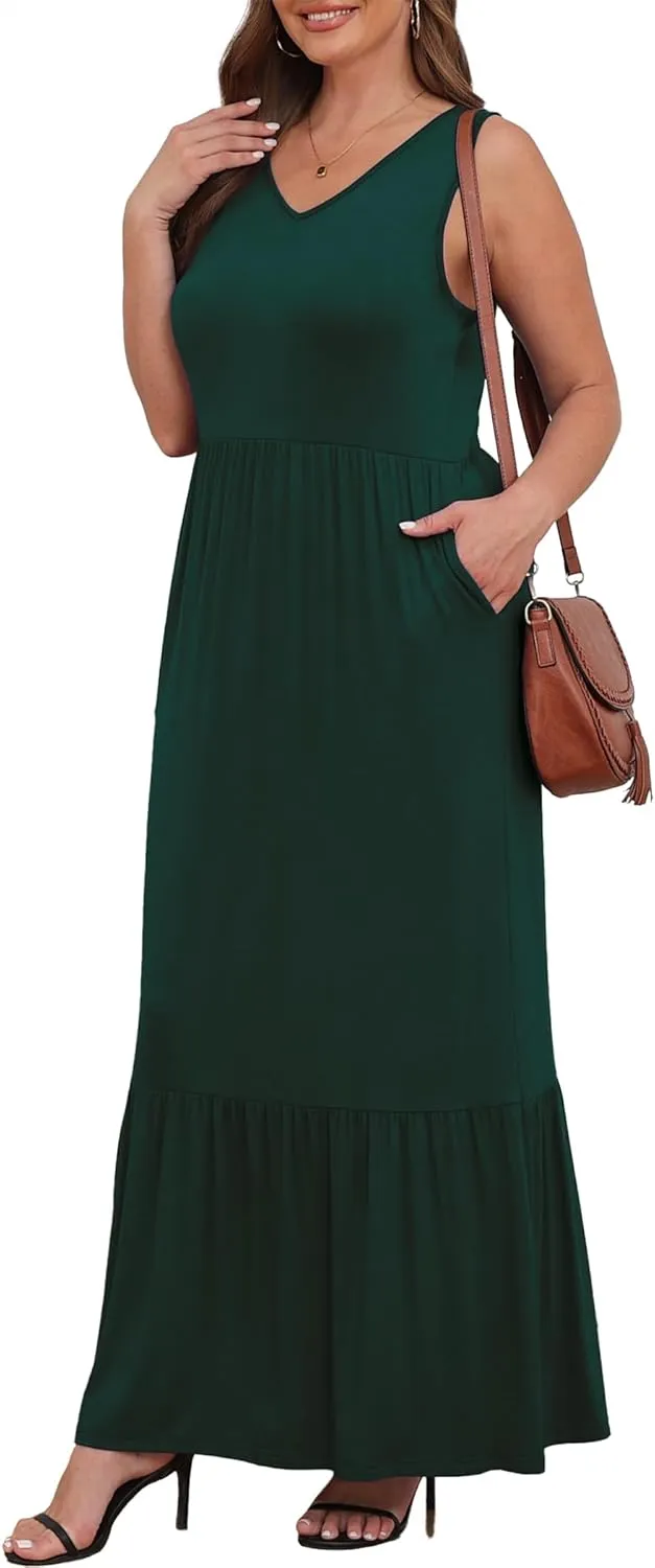 Askyes Womens Plus Size Summer Dresses Casual Sleeveless Loose Fit Swing Beach V Neck Tiered Maxi Dress with Pockets