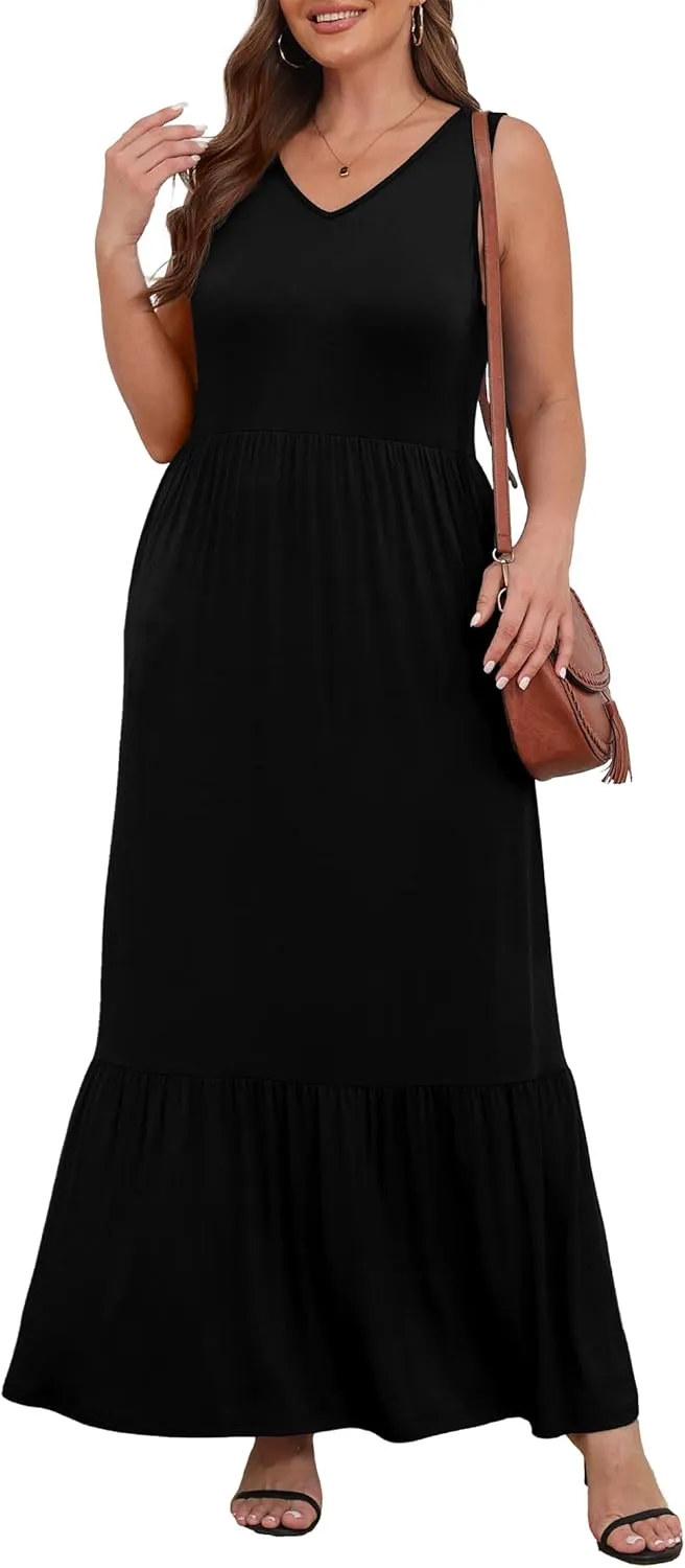 Askyes Womens Plus Size Summer Dresses Casual Sleeveless Loose Fit Swing Beach V Neck Tiered Maxi Dress with Pockets