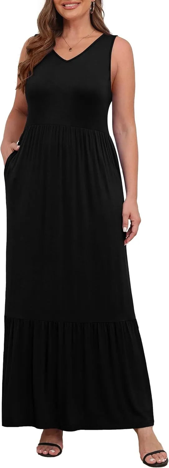 Askyes Womens Plus Size Summer Dresses Casual Sleeveless Loose Fit Swing Beach V Neck Tiered Maxi Dress with Pockets