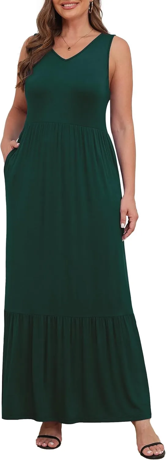 Askyes Womens Plus Size Summer Dresses Casual Sleeveless Loose Fit Swing Beach V Neck Tiered Maxi Dress with Pockets