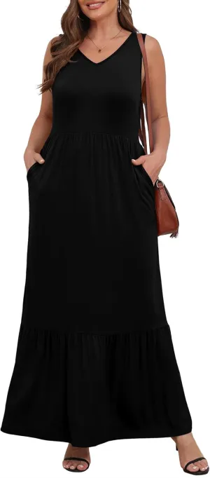 Askyes Womens Plus Size Summer Dresses Casual Sleeveless Loose Fit Swing Beach V Neck Tiered Maxi Dress with Pockets
