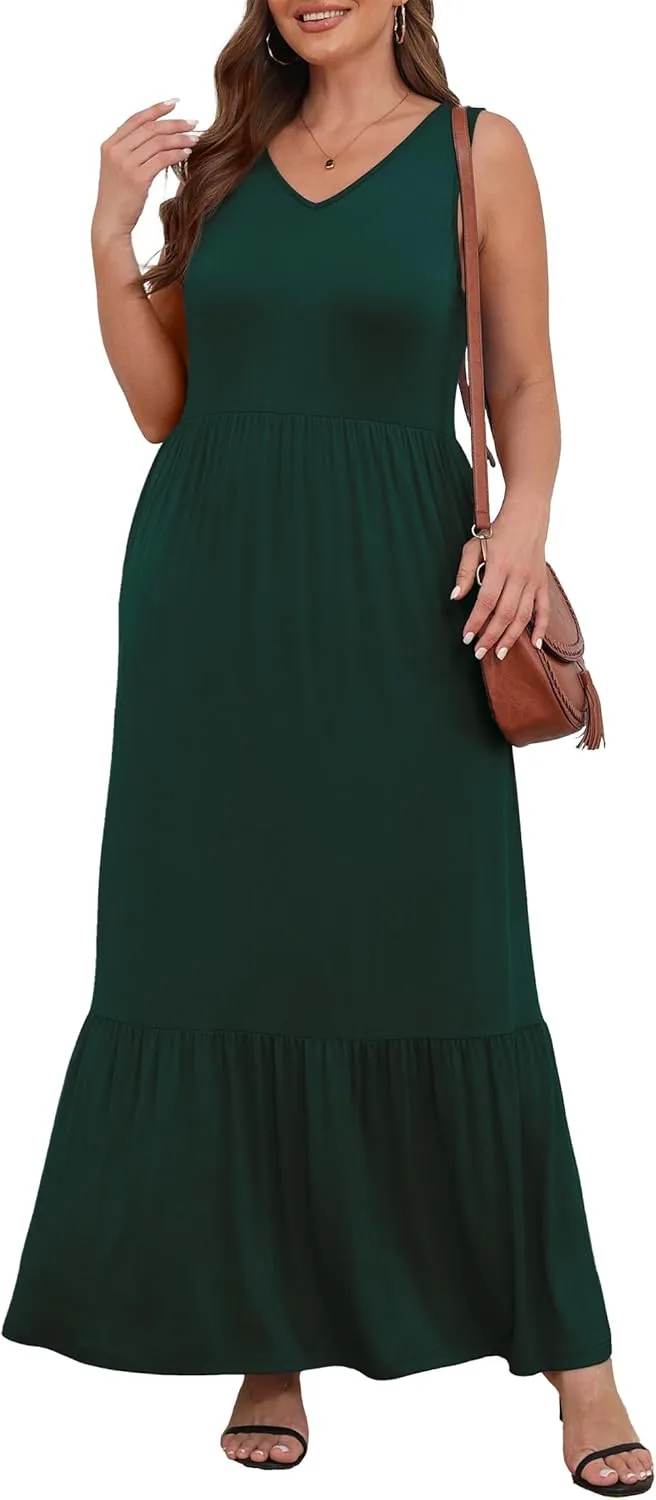 Askyes Womens Plus Size Summer Dresses Casual Sleeveless Loose Fit Swing Beach V Neck Tiered Maxi Dress with Pockets