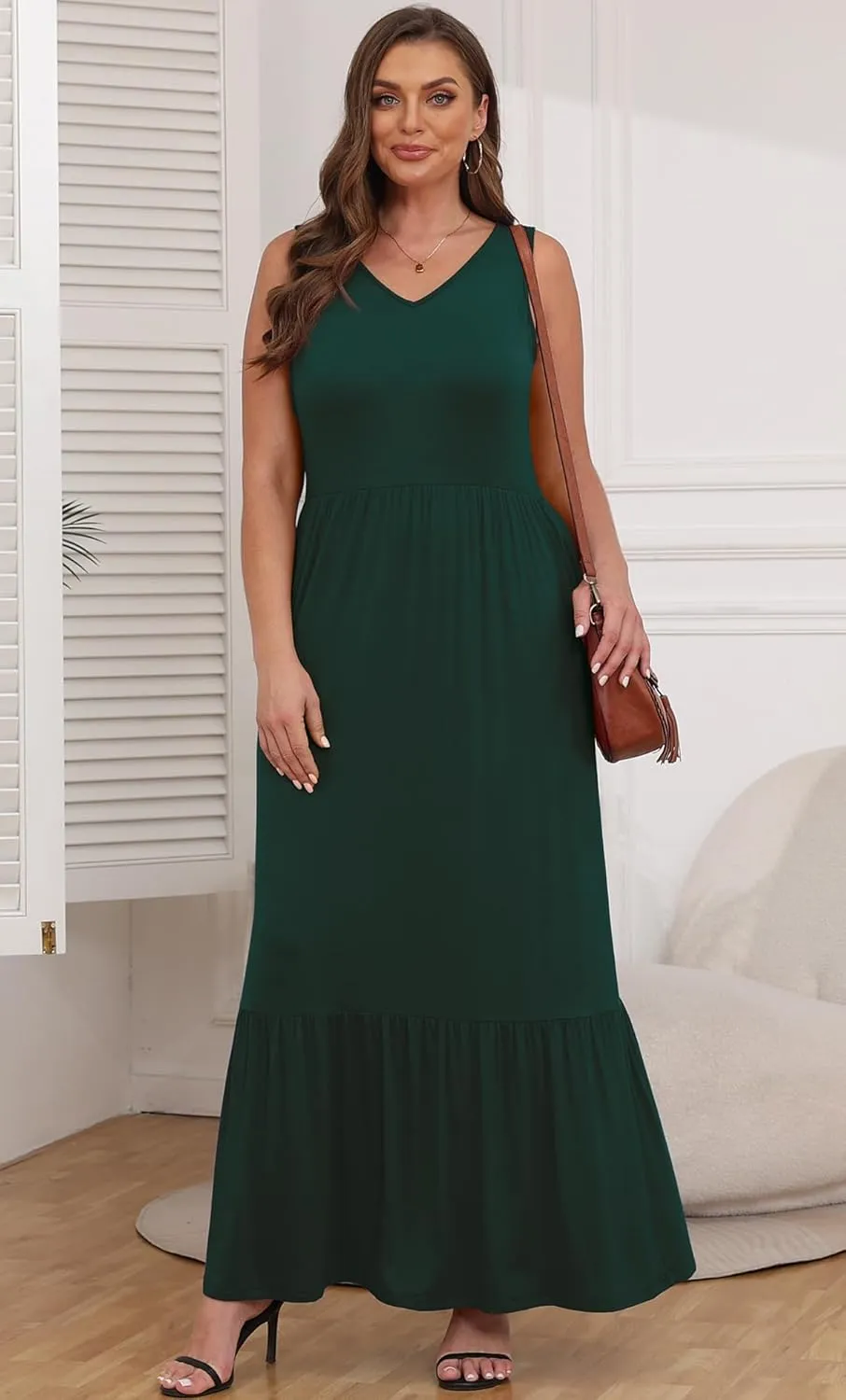 Askyes Womens Plus Size Summer Dresses Casual Sleeveless Loose Fit Swing Beach V Neck Tiered Maxi Dress with Pockets