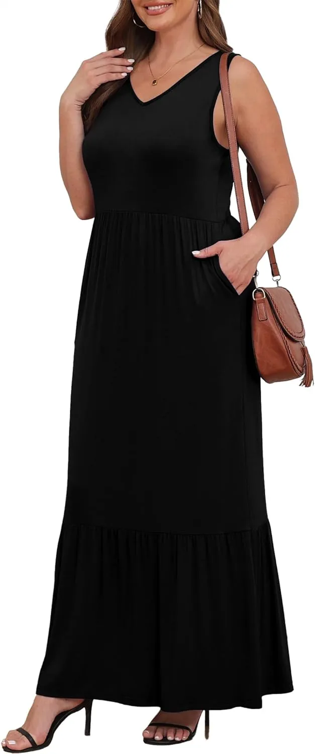 Askyes Womens Plus Size Summer Dresses Casual Sleeveless Loose Fit Swing Beach V Neck Tiered Maxi Dress with Pockets