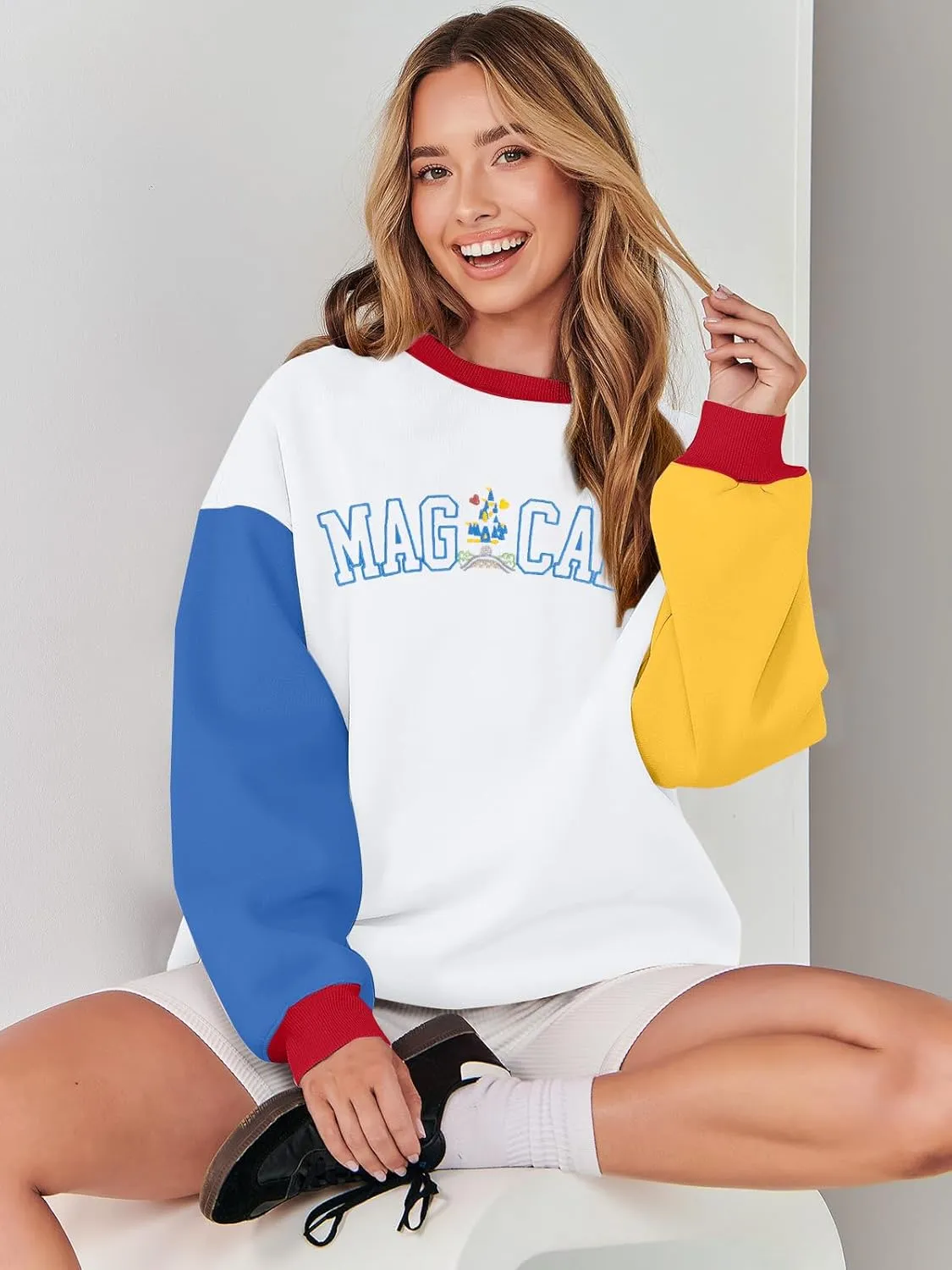 ASTANFY Magic Kingdom Sweatshirt Women Magical Castle Embroidered long Sleeve Shirt Cute Family Vacation Pullover Tops