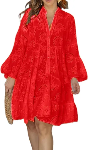 Awoscut Women's Summer Dresses Casual Flared Long Sleeve V Neck Loose Lace Shirt Dress Beach Swing Sundress