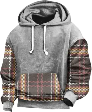 Aymnlox Mens Sweatshirts Heavyweight Long Sleeve Hoodies Casual Plaid Color Block Sweatshirt Drawstring Pullover With Pockets