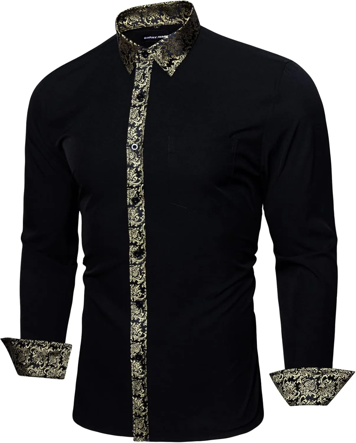 Barry.Wang Mens Dress Shirts Long Sleeve Button Down Business Formal Shirt Collar Cuff Contrast Casual Shirt Wedding