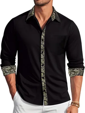 Barry.Wang Mens Dress Shirts Long Sleeve Button Down Business Formal Shirt Collar Cuff Contrast Casual Shirt Wedding