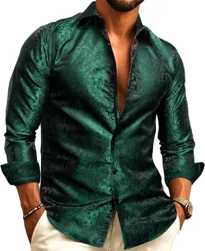 Barry.Wang Mens Western Shirts Silk Paisley Long Sleeve Button Down Dress Shirt Designer Mexico Cowboy Shirt Party Casual