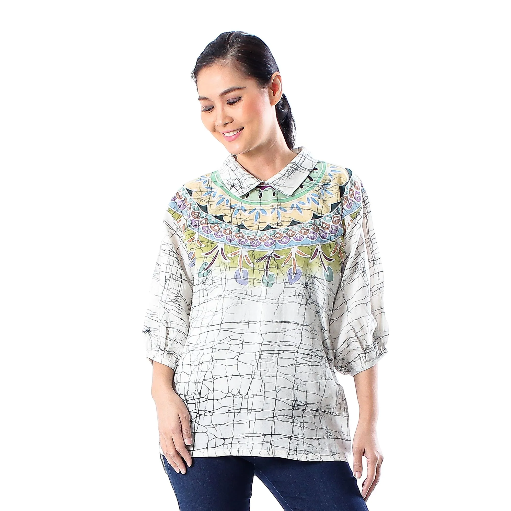 Batik Style Cotton Batik Tunic Top with Colorful Designs from Thailand
