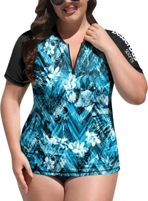 BesserBay Women UPF 50  Zip Rash Guard Shirt Short Sleeve Swim Shirt Plus Size Sun Protection Tops