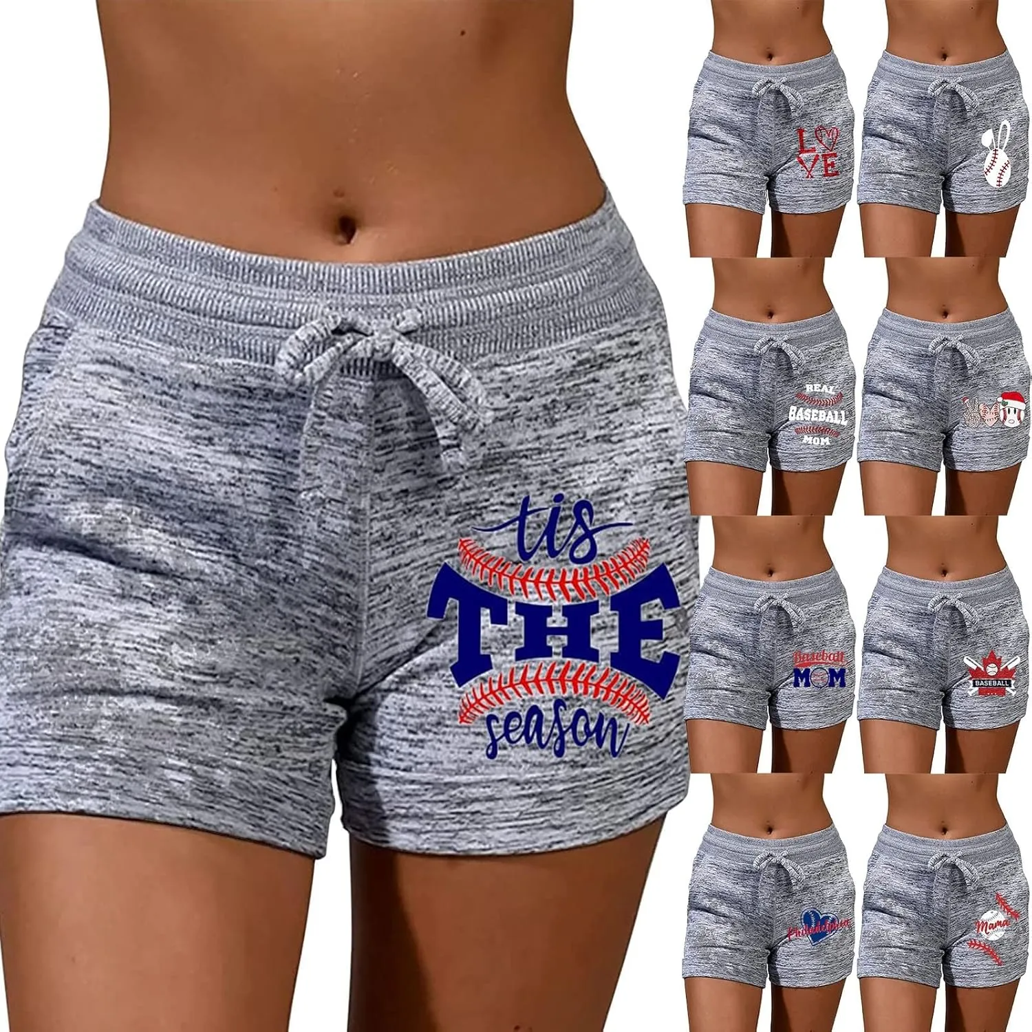 Biker Shorts Women Baseball Print Drawstring Elastic Waist Summer Shorts with Pocket Casual Lightweight Bermuda Short