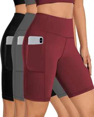 Biker Shorts Women Tummy Control Pockets Yoga Workout Stretchy Spandex Shorts Leggings Athletic Running Compression Shorts Tights Knee Length Ladies Long Slip Booty Shorts Dresses Black Grey Wine