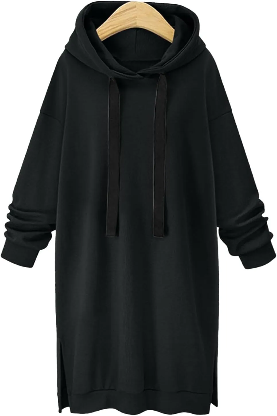 Black Hoodie Dress Women Longline Pullover Sweatshirt Drawstring Long Sleeve Relax Warm Daily Streetwear