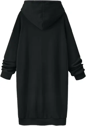 Black Hoodie Dress Women Longline Pullover Sweatshirt Drawstring Long Sleeve Relax Warm Daily Streetwear