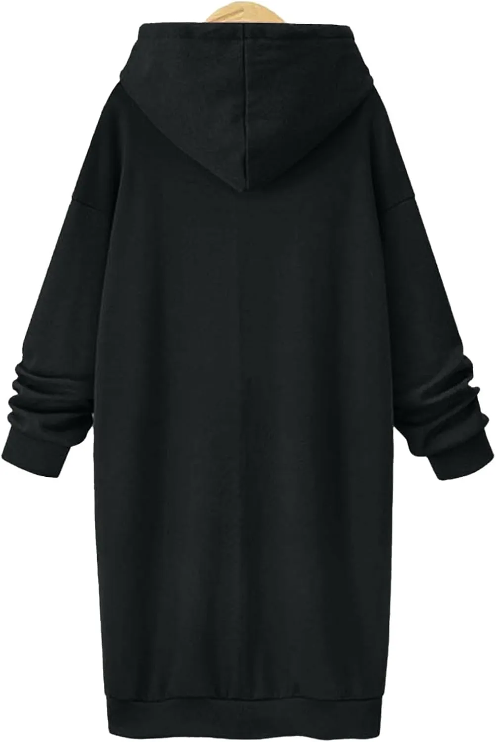 Black Hoodie Dress Women Longline Pullover Sweatshirt Drawstring Long Sleeve Relax Warm Daily Streetwear