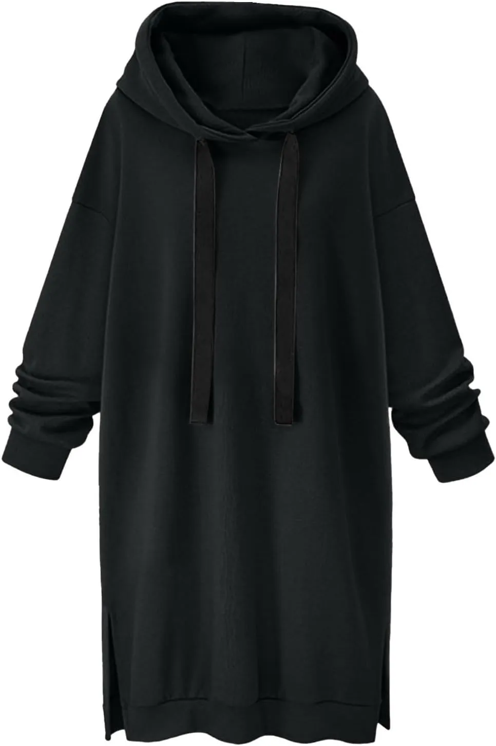 Black Hoodie Dress Women Longline Pullover Sweatshirt Drawstring Long Sleeve Relax Warm Daily Streetwear