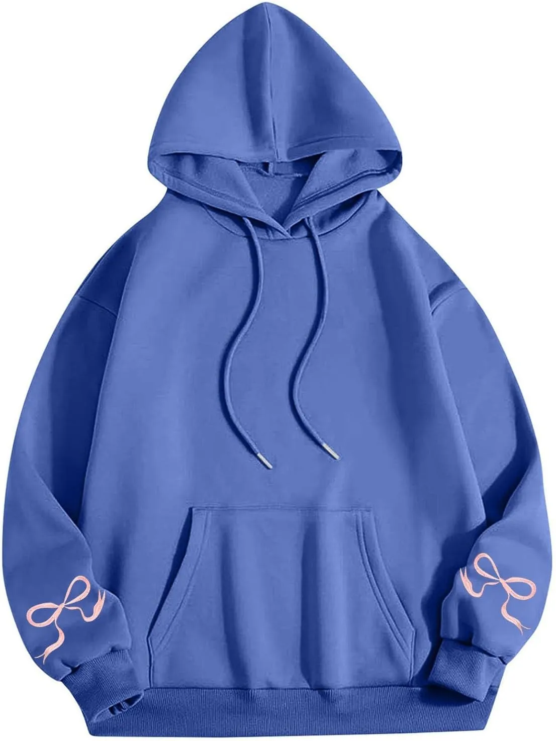 Black Oversized Hoodie Women Pink Ribbon Detail Fleece Lined Pullover Hooded Sweatshirt Drawstring Streetwear