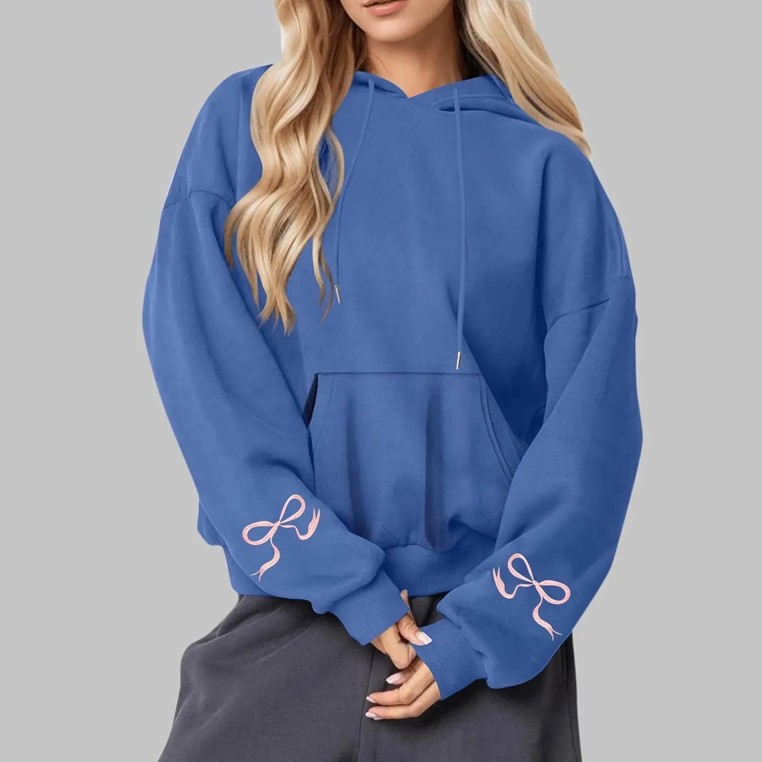 Black Oversized Hoodie Women Pink Ribbon Detail Fleece Lined Pullover Hooded Sweatshirt Drawstring Streetwear