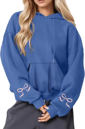 Black Oversized Hoodie Women Pink Ribbon Detail Fleece Lined Pullover Hooded Sweatshirt Drawstring Streetwear
