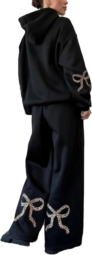 Bow Pants Sweatpants Set for Women Travel Set Womens Clothing Bows Print Hoodie Bow Print Zip-Up Hoodie Matching Set Hoodie and Sweatpants Bow Outfit Clothing Older Women Bow Print Clothing B-Black