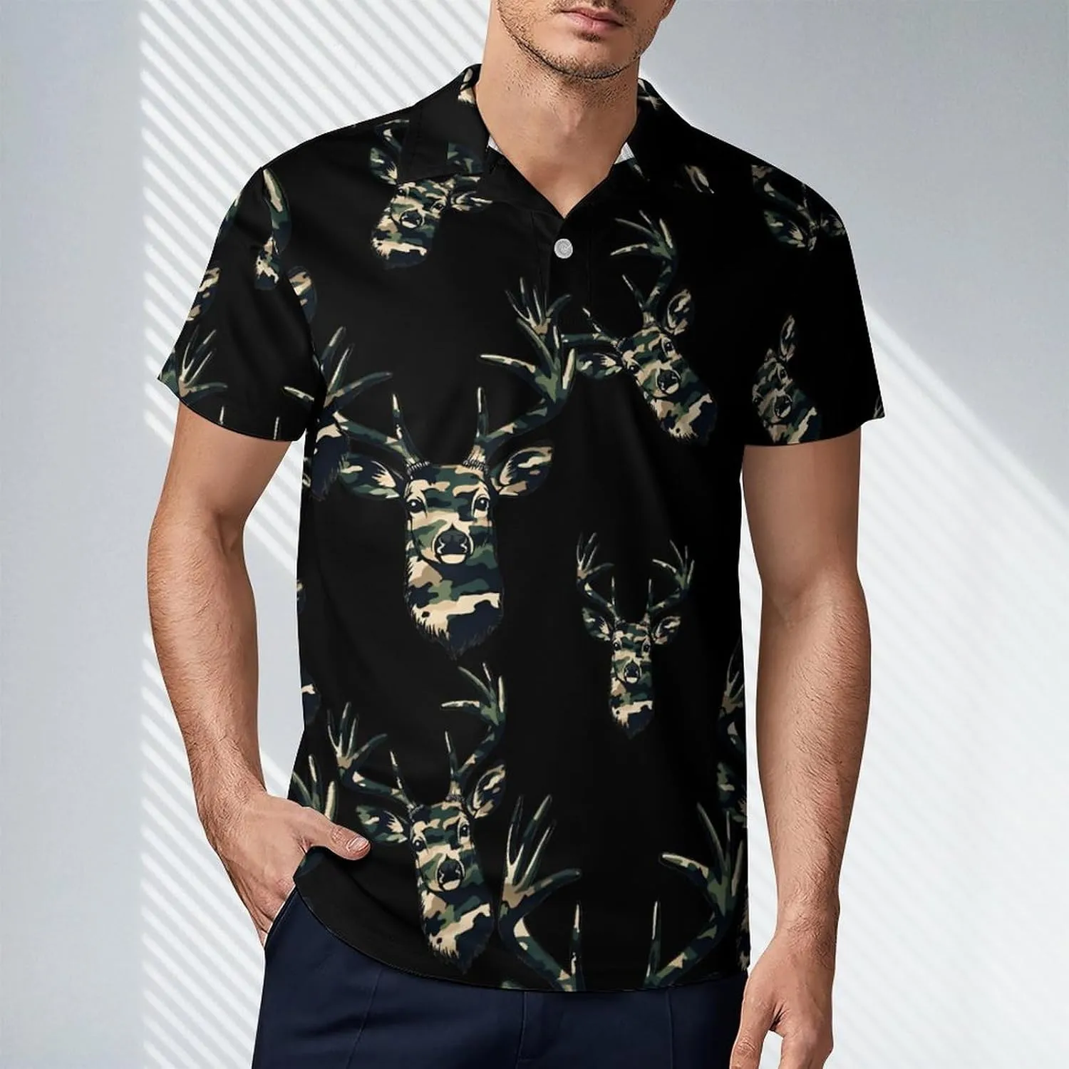 Camouflage Deer Head Men's Polo-Shirt Regular-Fit Short Sleeve Sports Quick Dry Golf Tennis T-Shirt