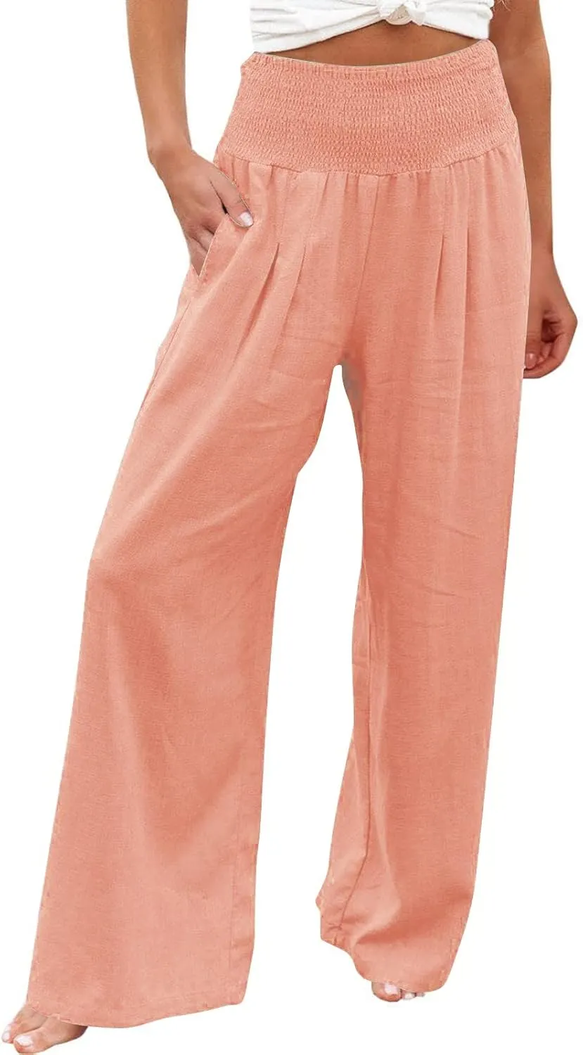 Capri Linen Pants for Women Petite Women's Wide Leg Pants Casual Drawstring Lounge Palazzo Loose Trousers