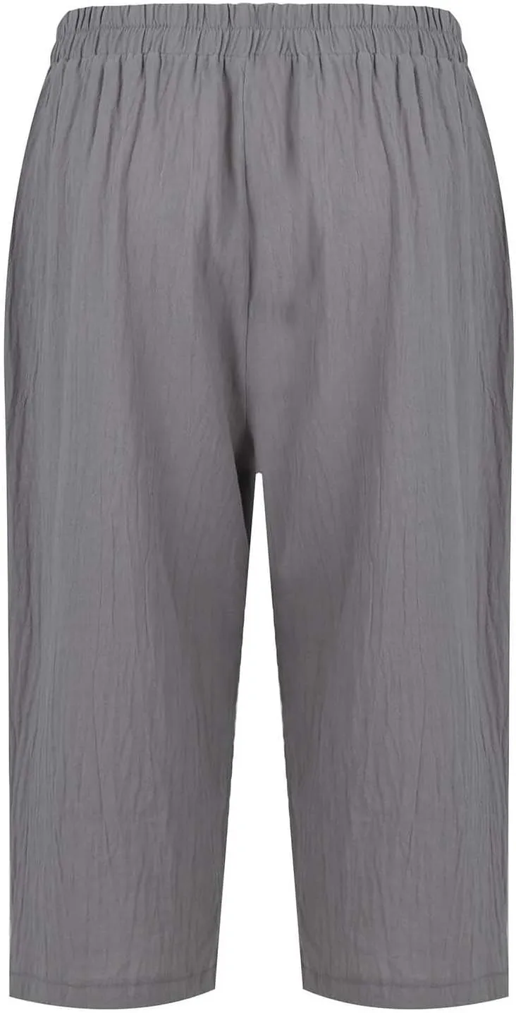 Capri Linen Pants for Women Petite Women's Wide Leg Pants Casual Drawstring Lounge Palazzo Loose Trousers