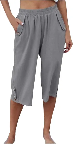 Capri Linen Pants for Women Petite Women's Wide Leg Pants Casual Drawstring Lounge Palazzo Loose Trousers
