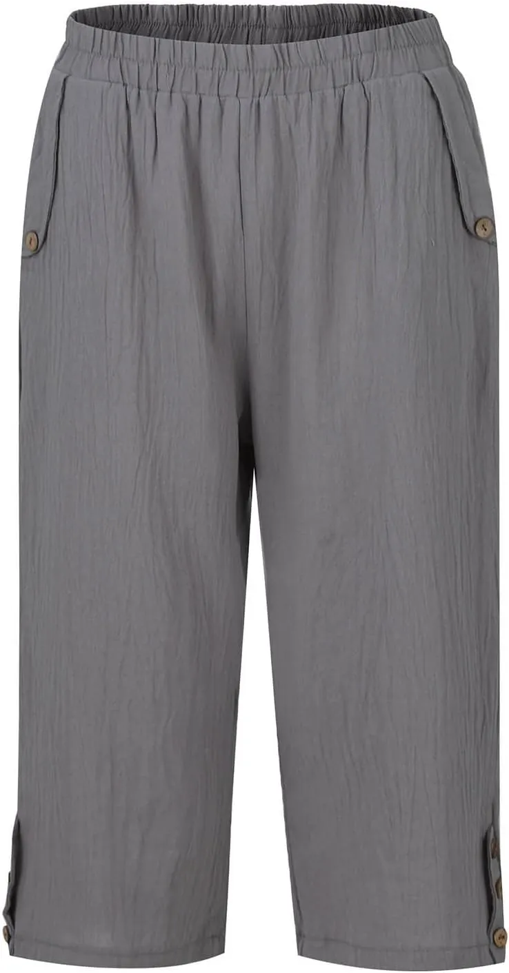 Capri Linen Pants for Women Petite Women's Wide Leg Pants Casual Drawstring Lounge Palazzo Loose Trousers