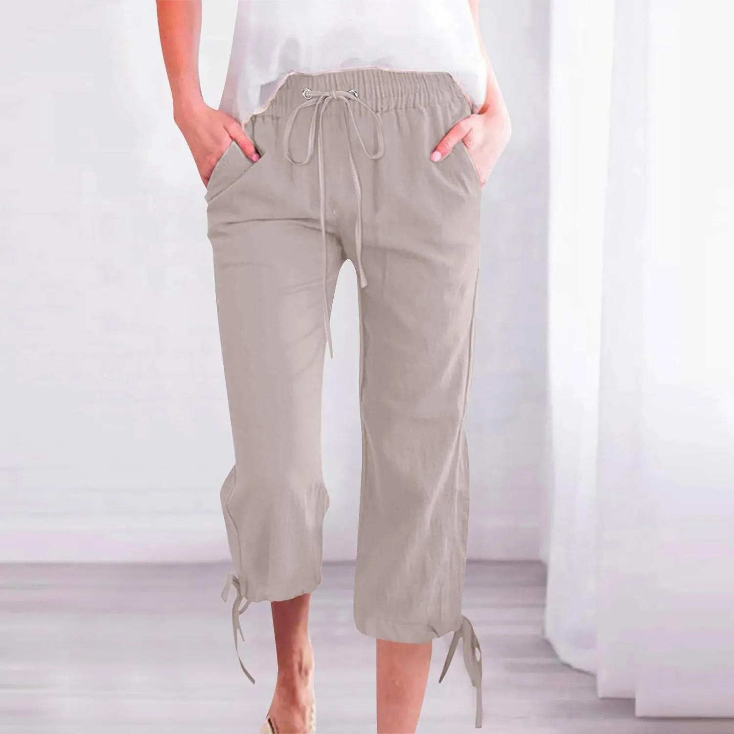 Capri Pants for Women 2025 Summer Lounge Pants Cropped Cotton Linen Comfy Drawstring Baggy Trousers with Pocket