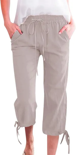 Capri Pants for Women 2025 Summer Lounge Pants Cropped Cotton Linen Comfy Drawstring Baggy Trousers with Pocket