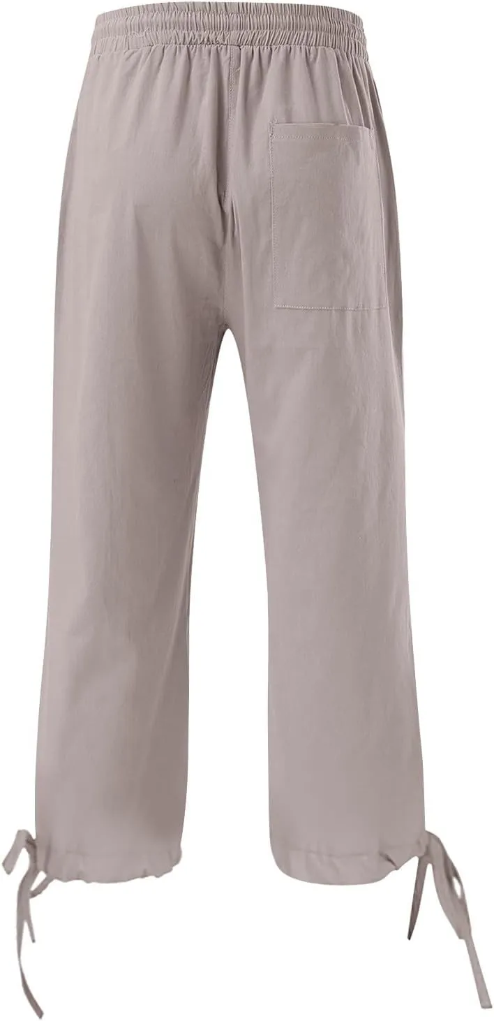 Capri Pants for Women 2025 Summer Lounge Pants Cropped Cotton Linen Comfy Drawstring Baggy Trousers with Pocket