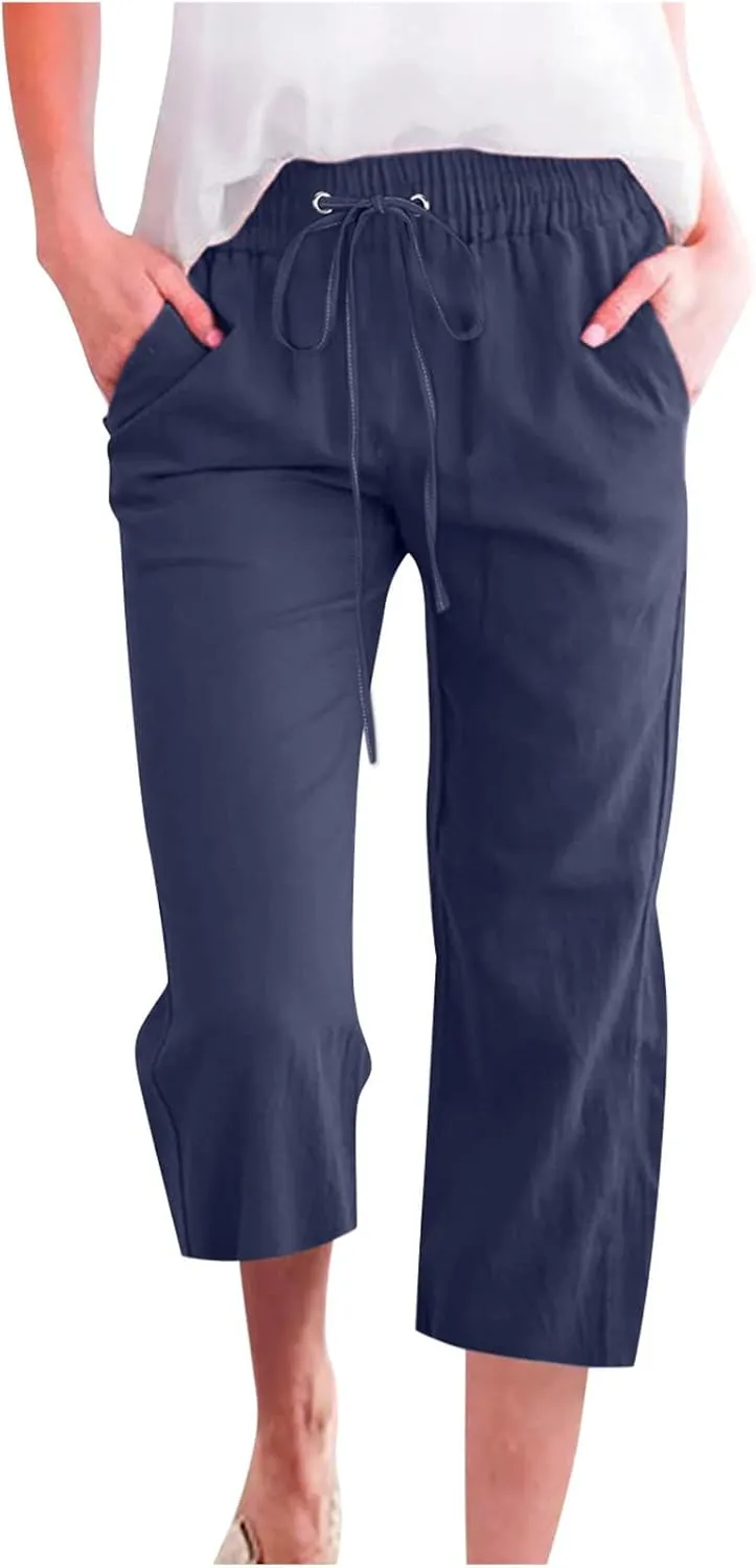 Capri Pants for Women Casual 2025 Summer Drawstring Elastic High Waist Linen Pant Straight Wide Leg Cropped Trouser