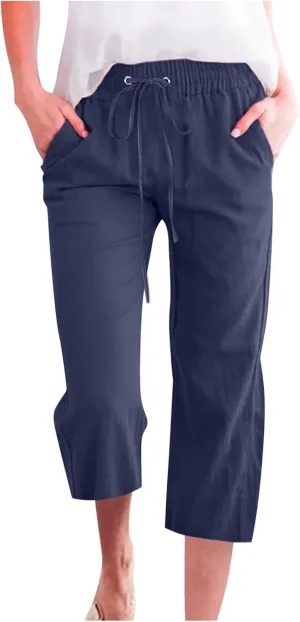 Capri Pants for Women Casual 2025 Summer Drawstring Elastic High Waist Linen Pant Straight Wide Leg Cropped Trouser