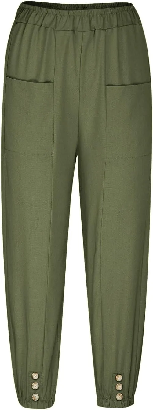 Capri Pants for Women Summer 2024 High Waisted Cotton Linen Cropped Pants Elastic Button Down Trousers with Pockets