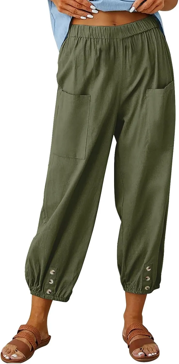 Capri Pants for Women Summer 2024 High Waisted Cotton Linen Cropped Pants Elastic Button Down Trousers with Pockets