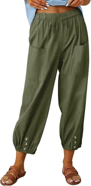 Capri Pants for Women Summer 2024 High Waisted Cotton Linen Cropped Pants Elastic Button Down Trousers with Pockets