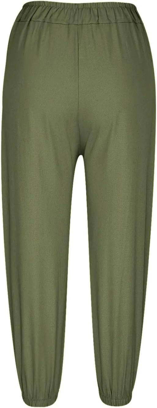Capri Pants for Women Summer 2024 High Waisted Cotton Linen Cropped Pants Elastic Button Down Trousers with Pockets