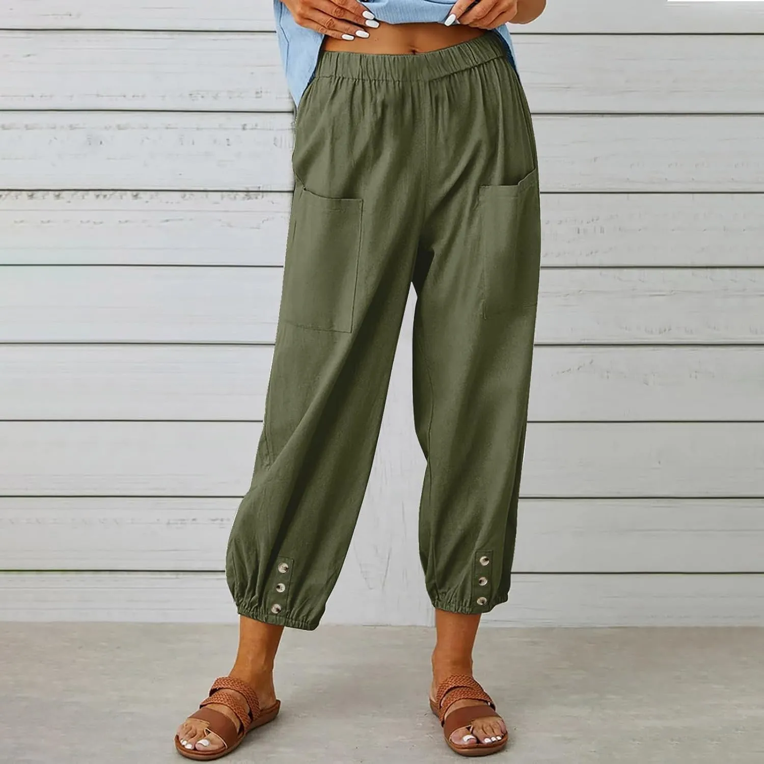 Capri Pants for Women Summer 2024 High Waisted Cotton Linen Cropped Pants Elastic Button Down Trousers with Pockets