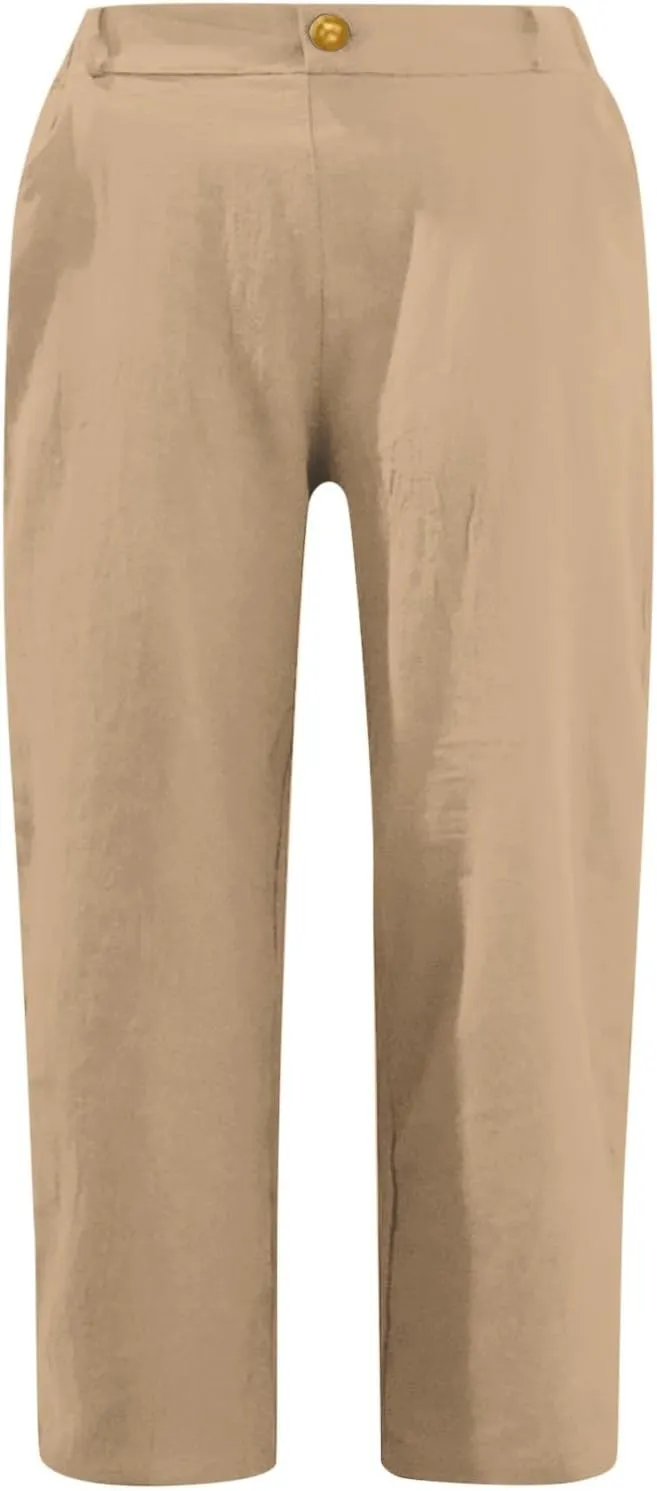Capri Pants for Women Summer Casual Lounge Straight Leg Pants Cropped Cotton Linen Comfy Baggy Trousers with