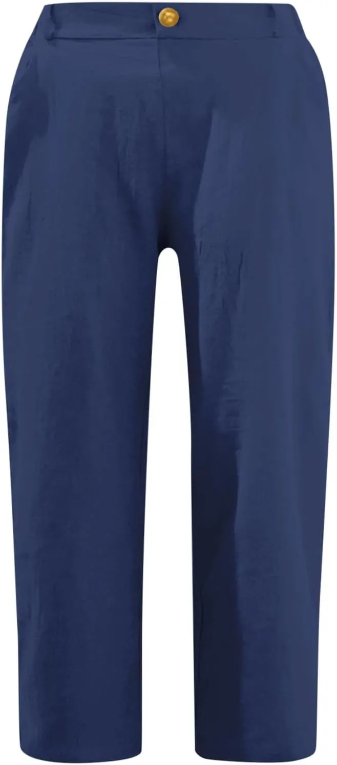 Capri Pants for Women Summer Casual Lounge Straight Leg Pants Cropped Cotton Linen Comfy Baggy Trousers with